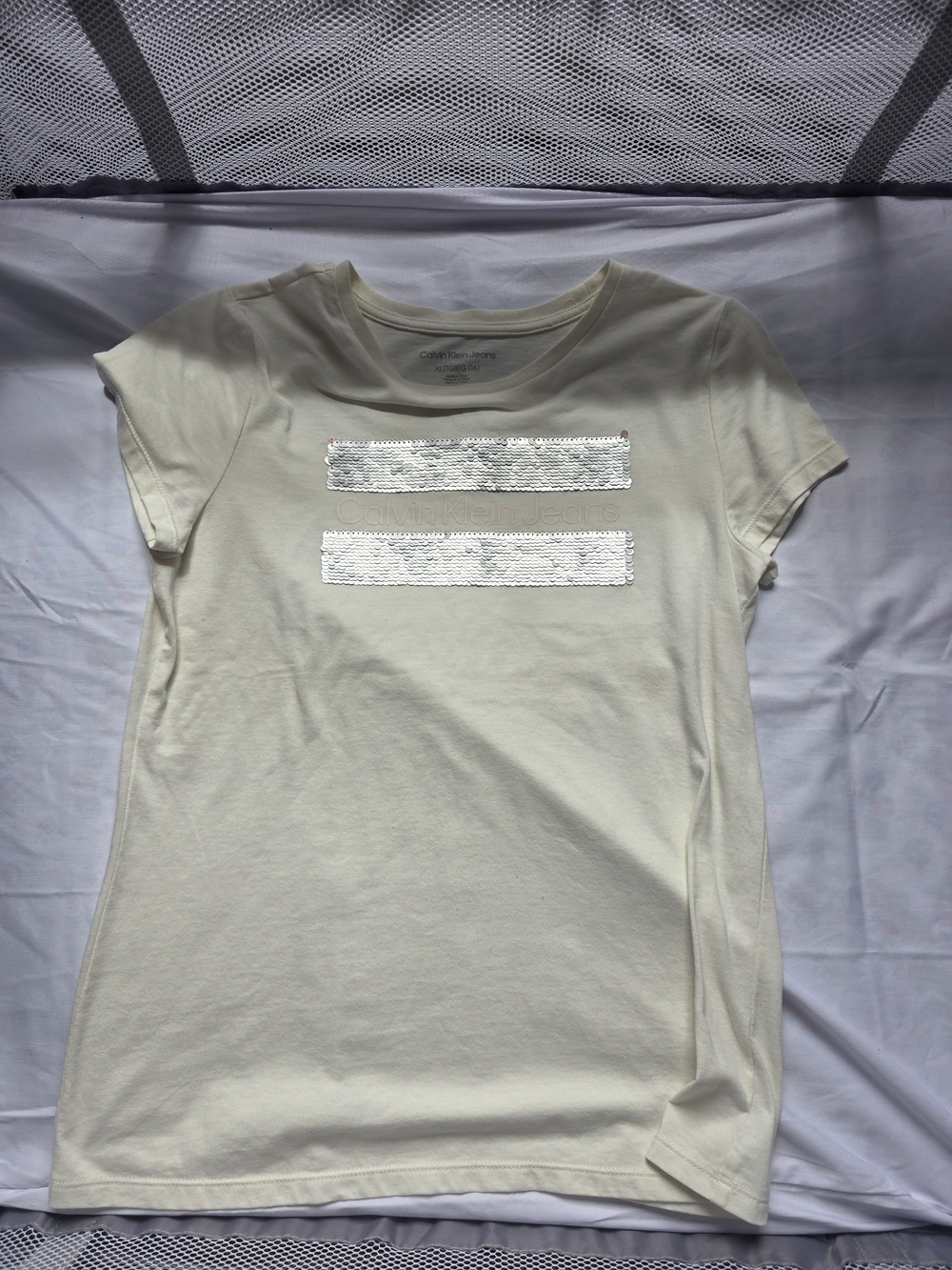 Calvin Klein Jeans Cream Short Sleeve Tee with Silver Sequin Stripes